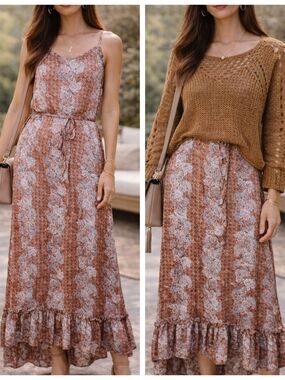 Mystree Boho Maxi Dress Medium | Rust Paisley Floral slip Dress Ruffle Hem